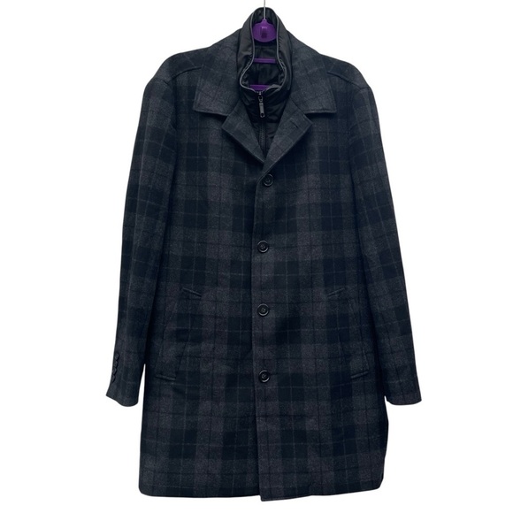 Sondergaard Copenhagen Elegant Slim-Fit Wool-Blend Plaid Long Coat Pea Coat Sz L - Picture 1 of 16